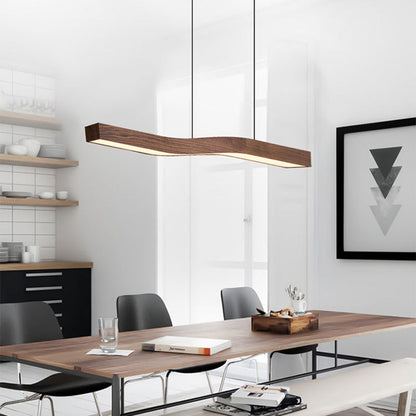 Modern Minimalist Rectangular Linear Wood Grain Iron LED Chandelier for Dining Room