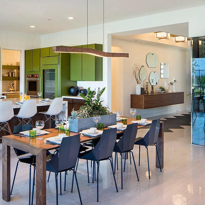 Modern Minimalist Rectangular Linear Wood Grain Iron LED Chandelier for Dining Room Lumendat
