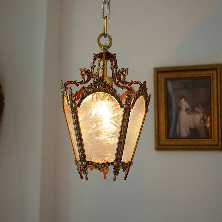 Traditional Vintage Ice Flower Prism Copper Glass 1-Light Pendant Light For Bedroom