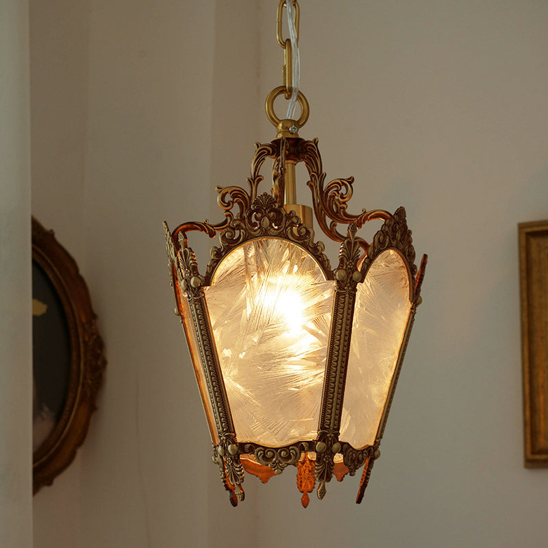 Traditional Vintage Ice Flower Prism Copper Glass 1-Light Pendant Light For Bedroom