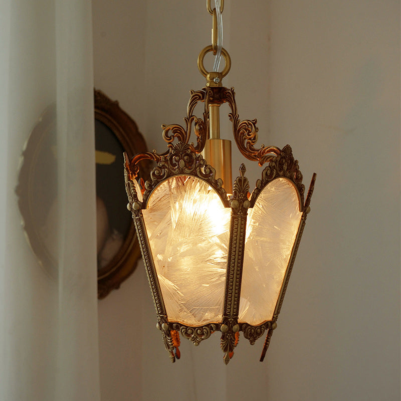Traditional Vintage Ice Flower Prism Copper Glass 1-Light Pendant Light For Bedroom
