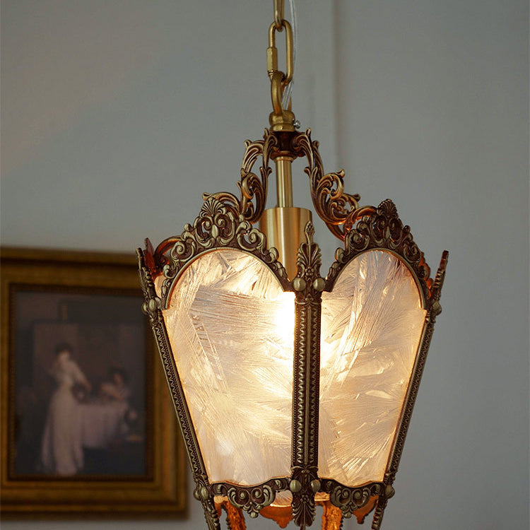 Traditional Vintage Ice Flower Prism Copper Glass 1-Light Pendant Light For Bedroom