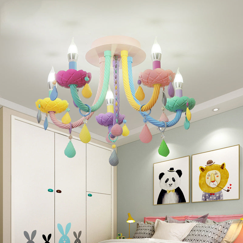Lumendat Contemporary Scandinavian Macaron Colorful Kids Candle Shape Iron Crystal 5- Light Chandelier For Living Room Lumendat