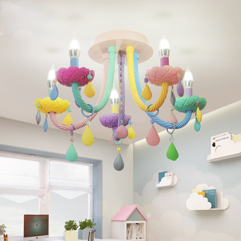 Lumendat Contemporary Scandinavian Macaron Colorful Kids Candle Shape Iron Crystal 5- Light Chandelier For Living Room Lumendat