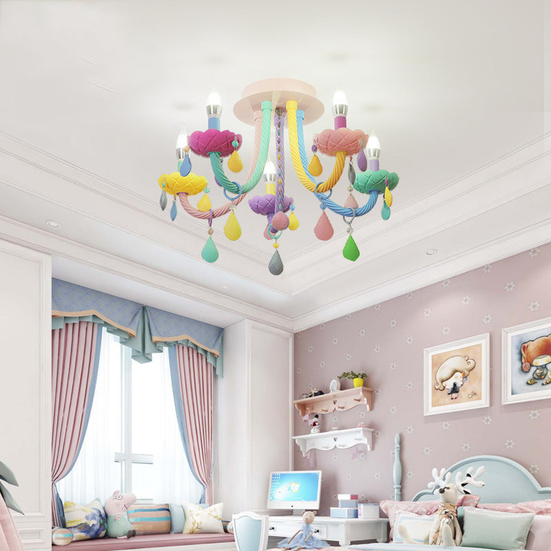 Lumendat Contemporary Scandinavian Macaron Colorful Kids Candle Shape Iron Crystal 5- Light Chandelier For Living Room Lumendat