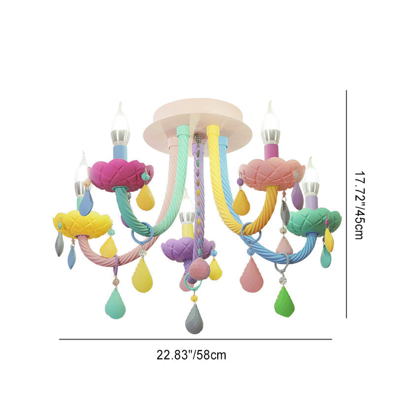 Lumendat Contemporary Scandinavian Macaron Colorful Kids Candle Shape Iron Crystal 5- Light Chandelier For Living Room Lumendat