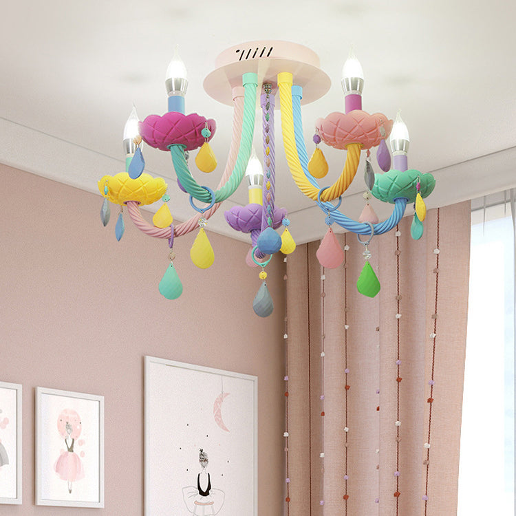 Lumendat Contemporary Scandinavian Macaron Colorful Kids Candle Shape Iron Crystal 5- Light Chandelier For Living Room Lumendat