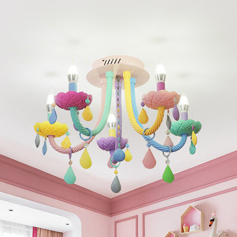 Lumendat Contemporary Scandinavian Macaron Colorful Kids Candle Shape Iron Crystal 5- Light Chandelier For Living Room Lumendat