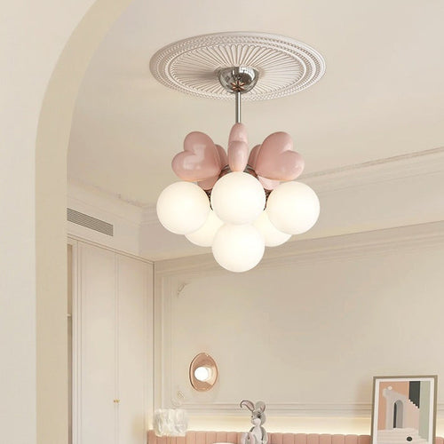 Contemporary Scandinavian Cream Love Heart Kids Round Orb Metal Resin Pe 4/6 Light Chandelier for Bedroom