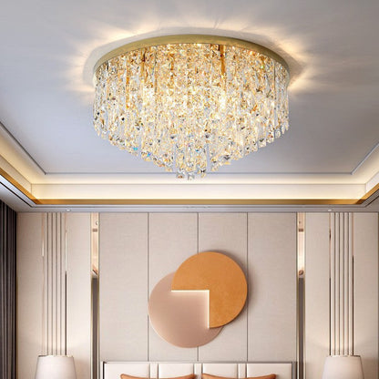 Modern Luxury Tassel Round Dome Stainless Steel Crystal 3/5/8 Light Flush Mount Ceiling Light for Bedroom