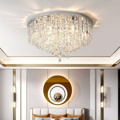 Modern Luxury Tassel Round Dome Stainless Steel Crystal 3/5/8 Light Flush Mount Ceiling Light for Bedroom