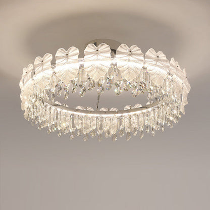 Modern Luxury Round Hardware Glass Crystal LED Semi-Flush Mount Ceiling Light For Bedroom