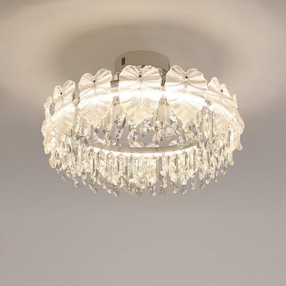 Modern Luxury Round Hardware Glass Crystal LED Semi-Flush Mount Ceiling Light For Bedroom