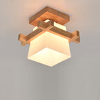 Modern Minimalist Square Wood Glass Semi-Flush Mount Ceiling Light For Hallway