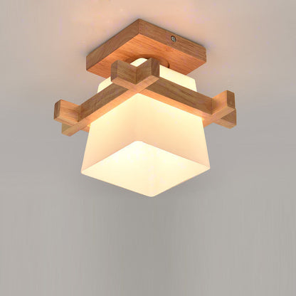 Modern Minimalist Square Wood Glass Semi-Flush Mount Ceiling Light For Hallway