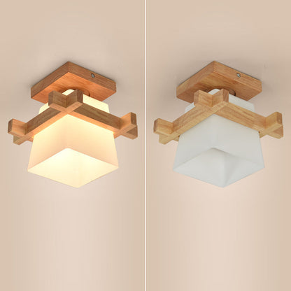 Modern Minimalist Square Wood Glass Semi-Flush Mount Ceiling Light For Hallway