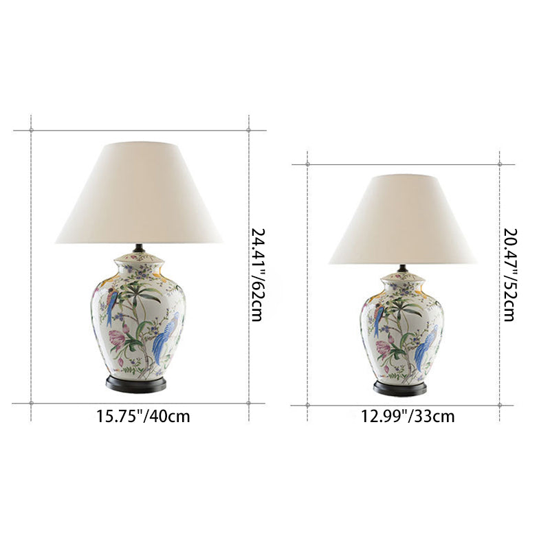 Traditional Rustic Bird Flower Oval Prism Fabric Copper Ceramic 1-Light Table Lamp For Bedroom Lumendat