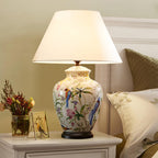 Traditional Rustic Bird Flower Oval Prism Fabric Copper Ceramic 1-Light Table Lamp For Bedroom Lumendat