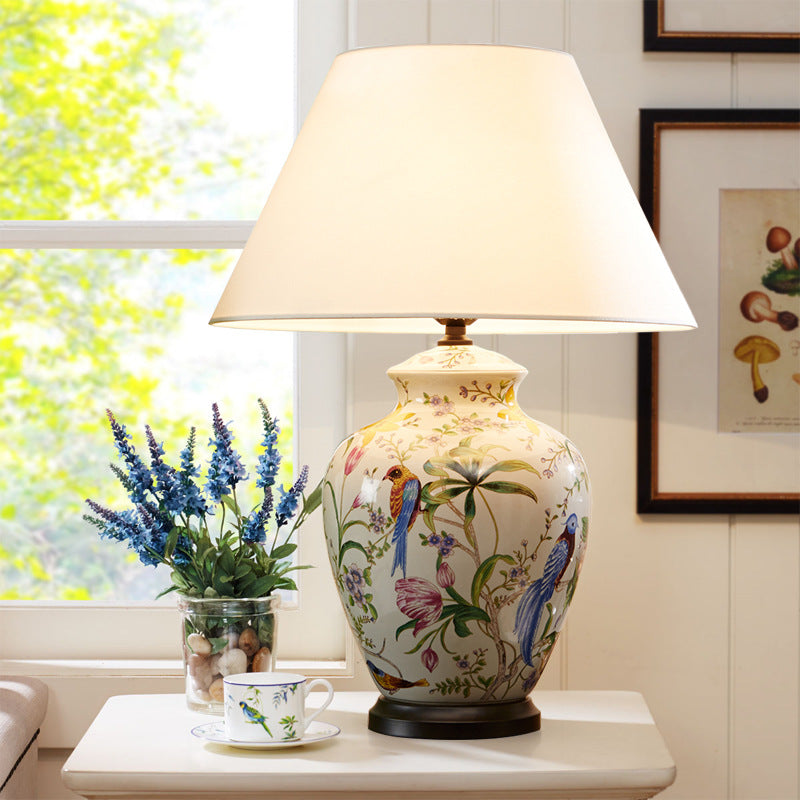Traditional Rustic Bird Flower Oval Prism Fabric Copper Ceramic 1-Light Table Lamp For Bedroom Lumendat