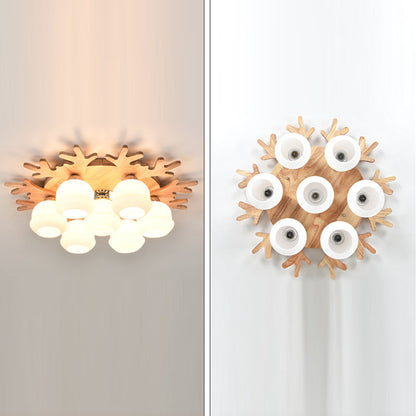 Contemporary Creative Antler Round Cylinder Wood Glass 3/5/7 Light Semi-Flush Mount Ceiling Light For Bedroom