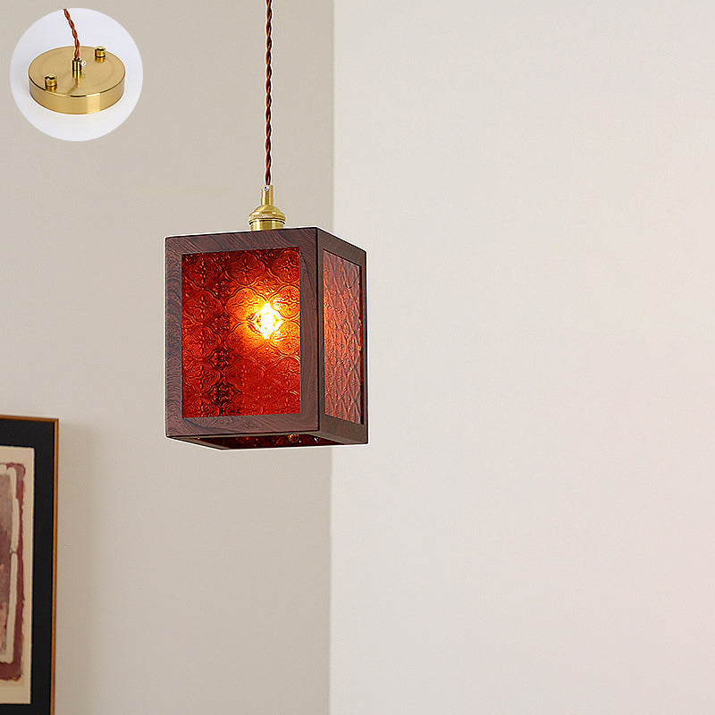 Traditional Vintage Trapezoid Round Cylinder Rectangle Copper Metal Glass 1-light Pendant Light for Bedroom