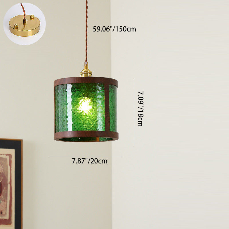 Traditional Vintage Trapezoid Round Cylinder Rectangle Copper Metal Glass 1-light Pendant Light for Bedroom