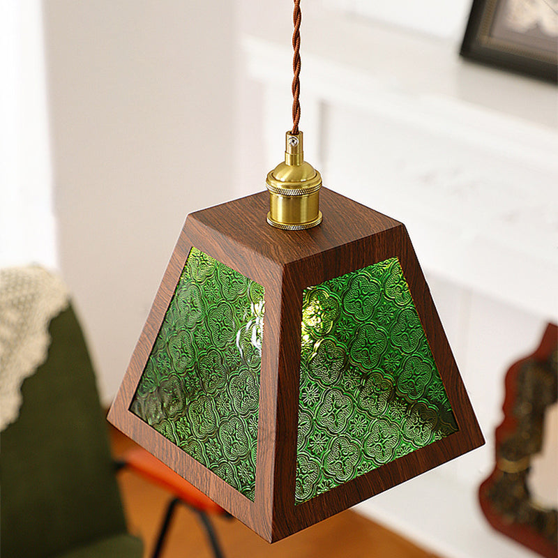 Traditional Vintage Trapezoid Round Cylinder Rectangle Copper Metal Glass 1-light Pendant Light for Bedroom