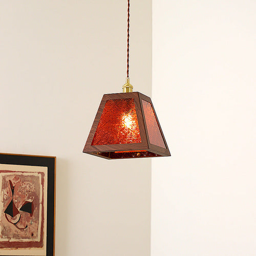 Traditional Vintage Trapezoid Round Cylinder Rectangle Copper Metal Glass 1-light Pendant Light for Bedroom