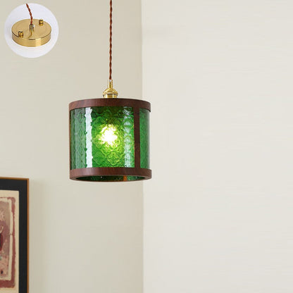 Traditional Vintage Trapezoid Round Cylinder Rectangle Copper Metal Glass 1-light Pendant Light for Bedroom