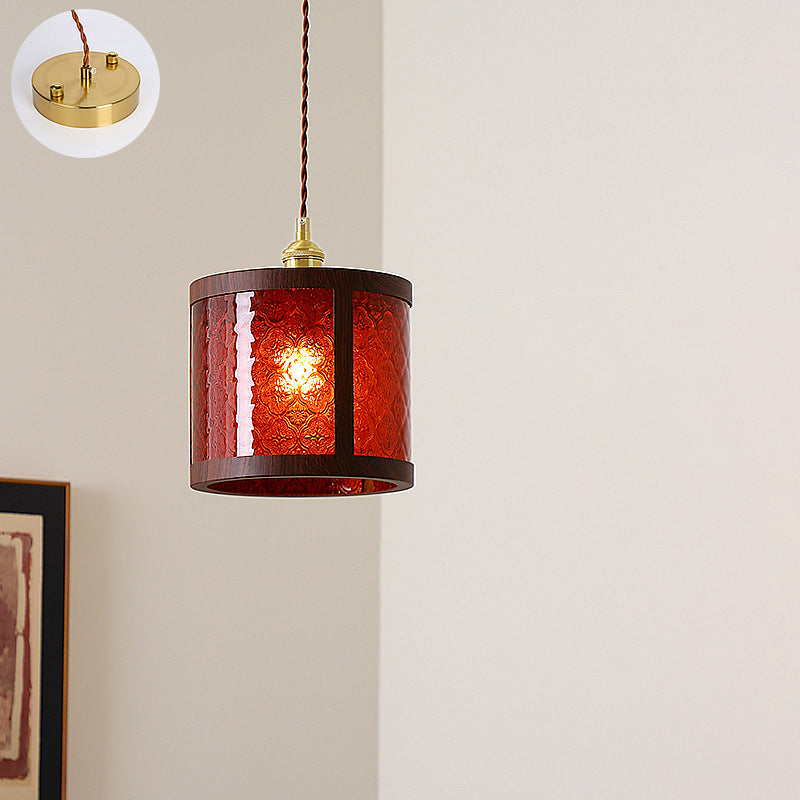 Traditional Vintage Trapezoid Round Cylinder Rectangle Copper Metal Glass 1-light Pendant Light for Bedroom