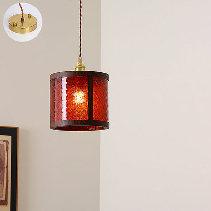 Traditional Vintage Trapezoid Round Cylinder Rectangle Copper Metal Glass 1-light Pendant Light for Bedroom