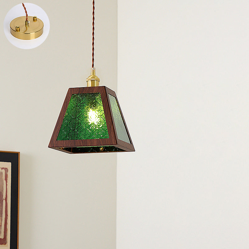 Traditional Vintage Trapezoid Round Cylinder Rectangle Copper Metal Glass 1-light Pendant Light for Bedroom