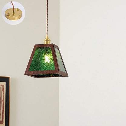 Traditional Vintage Trapezoid Round Cylinder Rectangle Copper Metal Glass 1-light Pendant Light for Bedroom