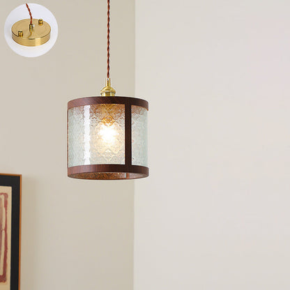 Traditional Vintage Trapezoid Round Cylinder Rectangle Copper Metal Glass 1-light Pendant Light for Bedroom