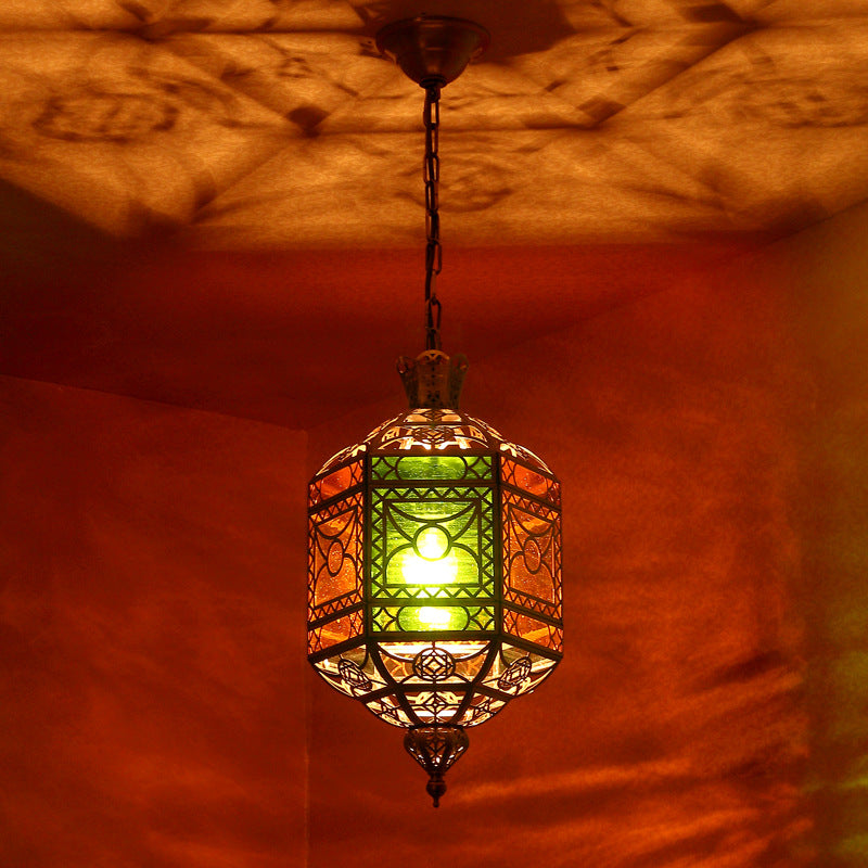 Traditional Vintage Muslim Hexagonal Prism Copper Glass 1-Light Pendant Light For Dining Room