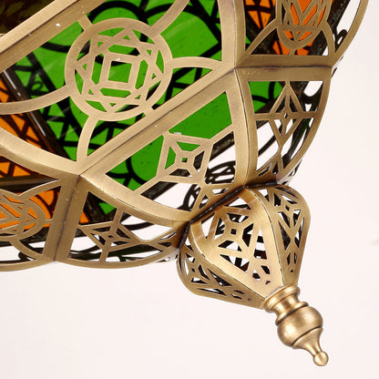 Traditional Vintage Muslim Hexagonal Prism Copper Glass 1-Light Pendant Light For Dining Room