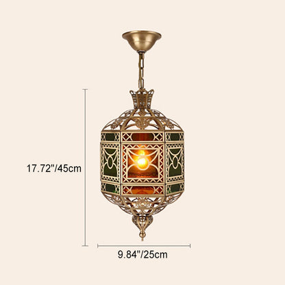 Traditional Vintage Muslim Hexagonal Prism Copper Glass 1-Light Pendant Light For Dining Room