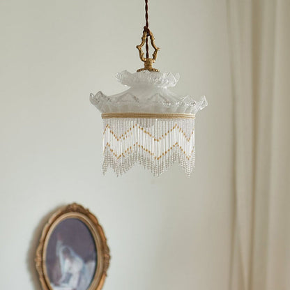 Traditional French Cream Tassel Round Glass Copper 1-Light Pendant Light For Bedroom