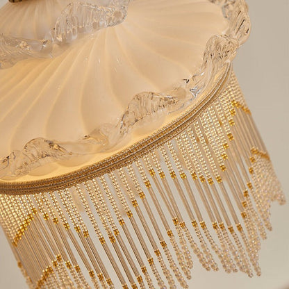 Traditional French Cream Tassel Round Glass Copper 1-Light Pendant Light For Bedroom