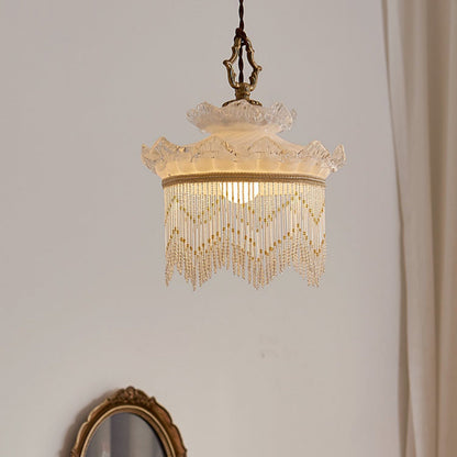 Traditional French Cream Tassel Round Glass Copper 1-Light Pendant Light For Bedroom