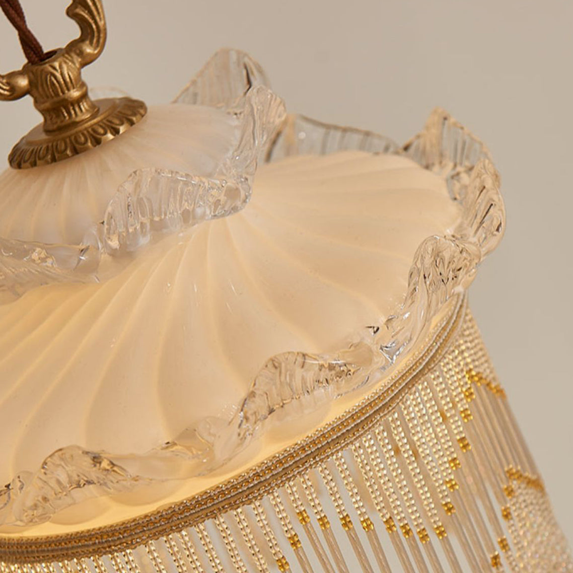 Traditional French Cream Tassel Round Glass Copper 1-Light Pendant Light For Bedroom