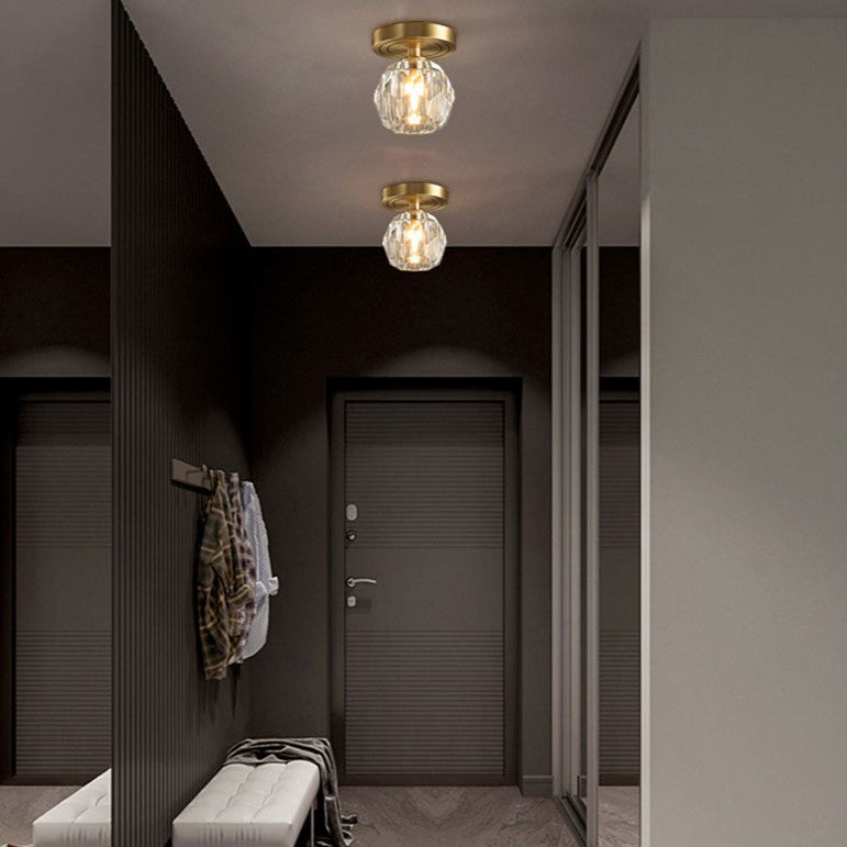 Modern Luxury Round Copper Crystal 1-light Semi-flush Mount Ceiling Light for Hallway