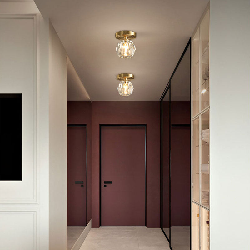 Modern Luxury Round Copper Crystal 1-light Semi-flush Mount Ceiling Light for Hallway