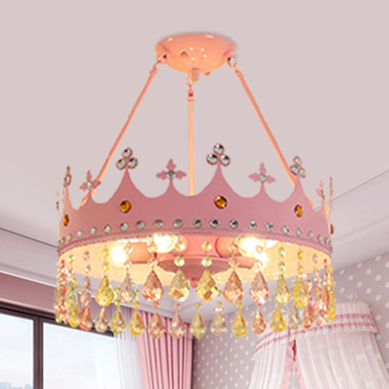 Lumendat Contemporary Creative Kids Girls Crown Round Iron Crystal 5-Light Chandelier For Bedroom Lumendat