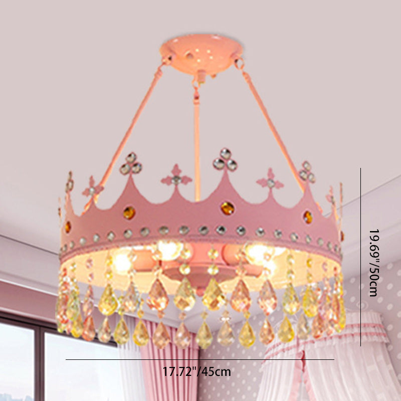 Lumendat Contemporary Creative Kids Girls Crown Round Iron Crystal 5-Light Chandelier For Bedroom Lumendat