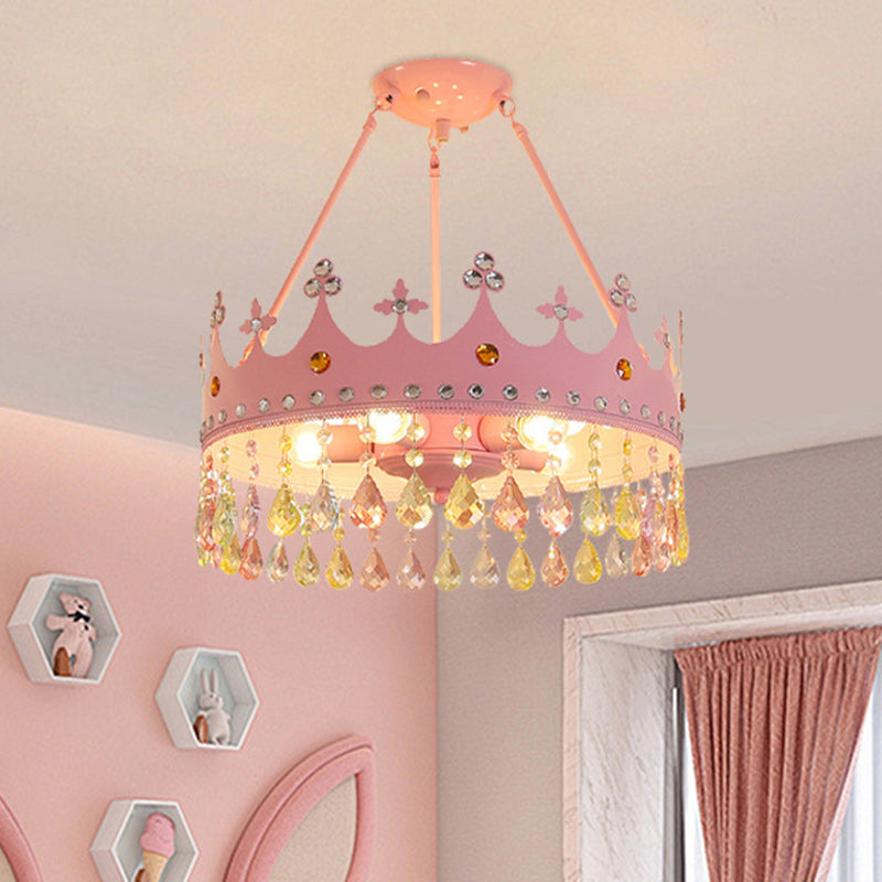 Lumendat Contemporary Creative Kids Girls Crown Round Iron Crystal 5-Light Chandelier For Bedroom Lumendat