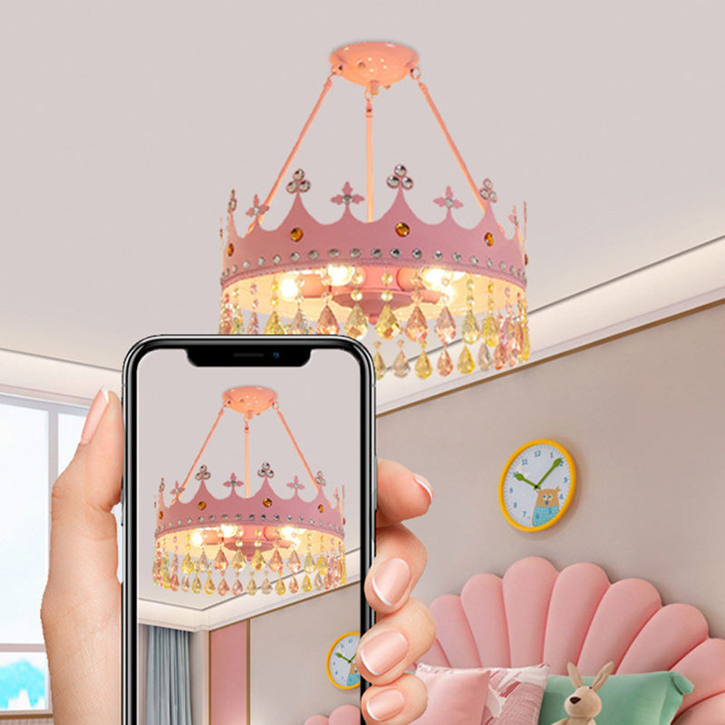 Lumendat Contemporary Creative Kids Girls Crown Round Iron Crystal 5-Light Chandelier For Bedroom Lumendat