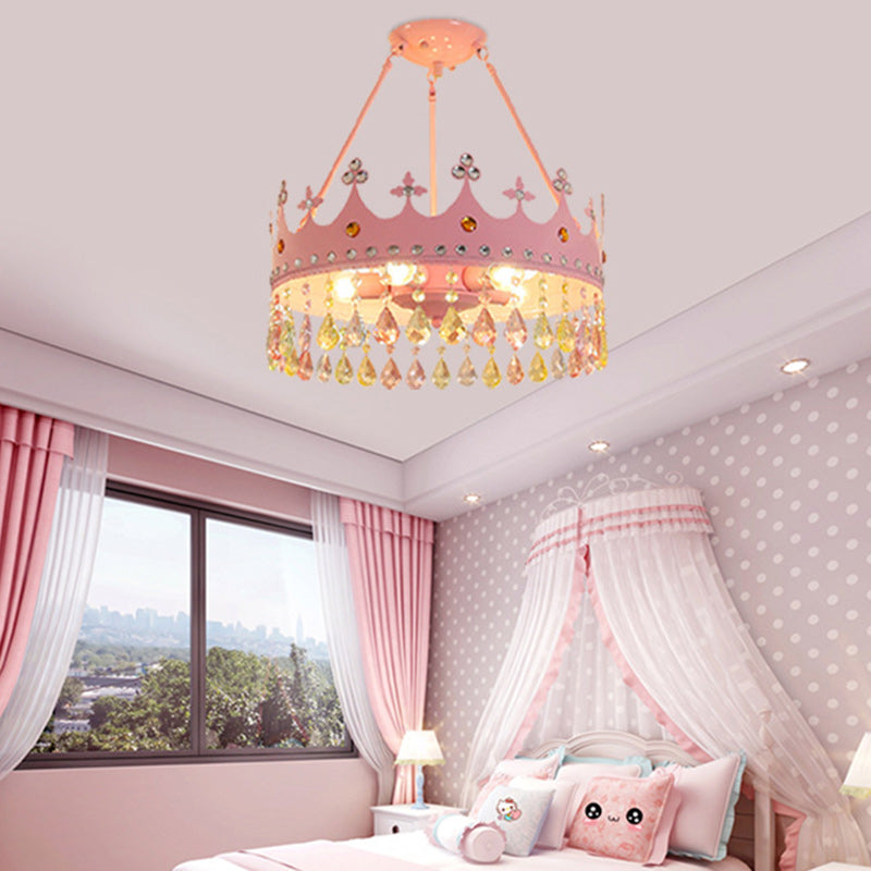 Lumendat Contemporary Creative Kids Girls Crown Round Iron Crystal 5-Light Chandelier For Bedroom Lumendat