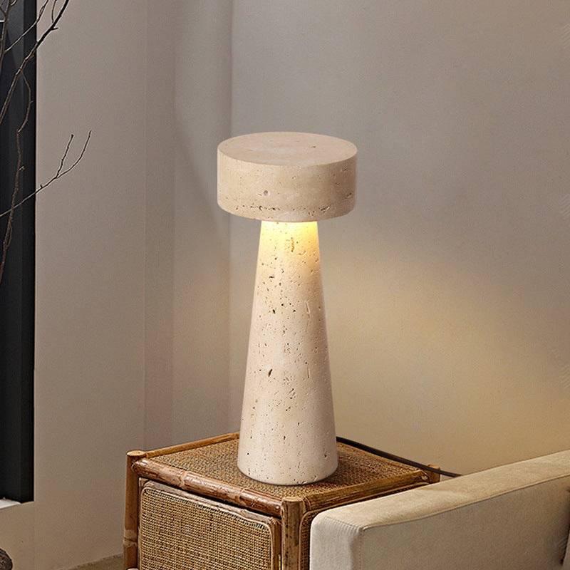 Traditional Japanese Round Cone Yellow Travertine LED Table Lamp For Bedroom Lumendat