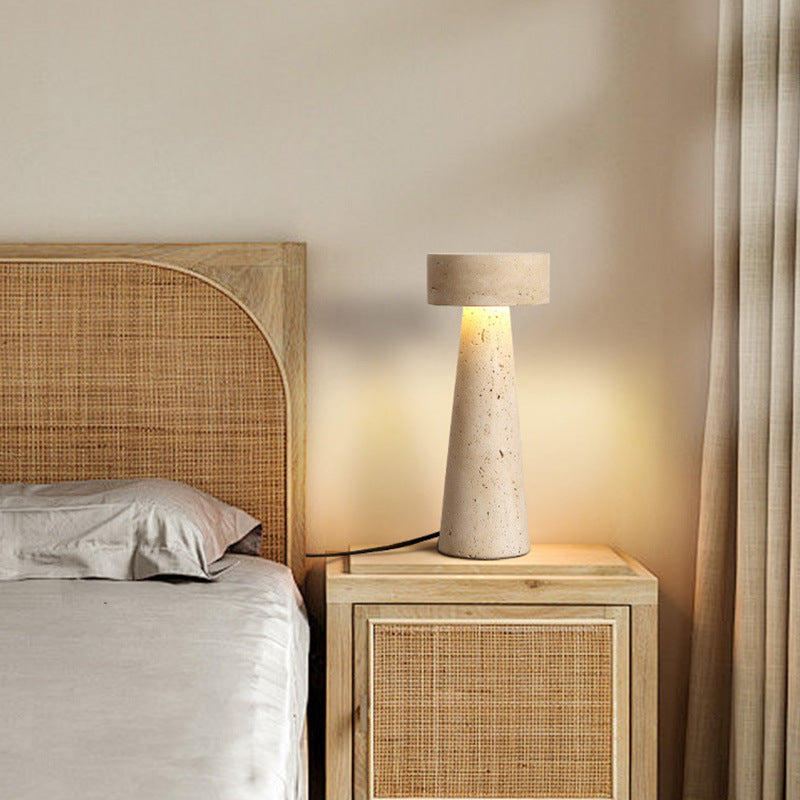 Traditional Japanese Round Cone Yellow Travertine LED Table Lamp For Bedroom Lumendat
